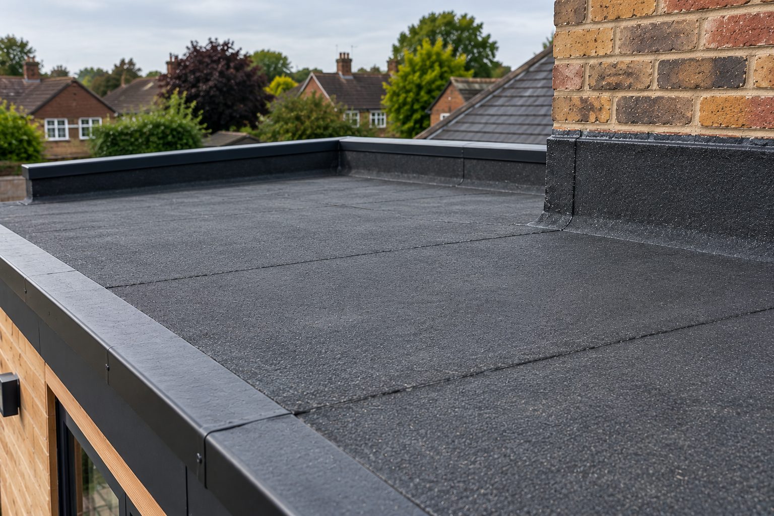 Bitumen felt flat roof with an upstand against a brick wall