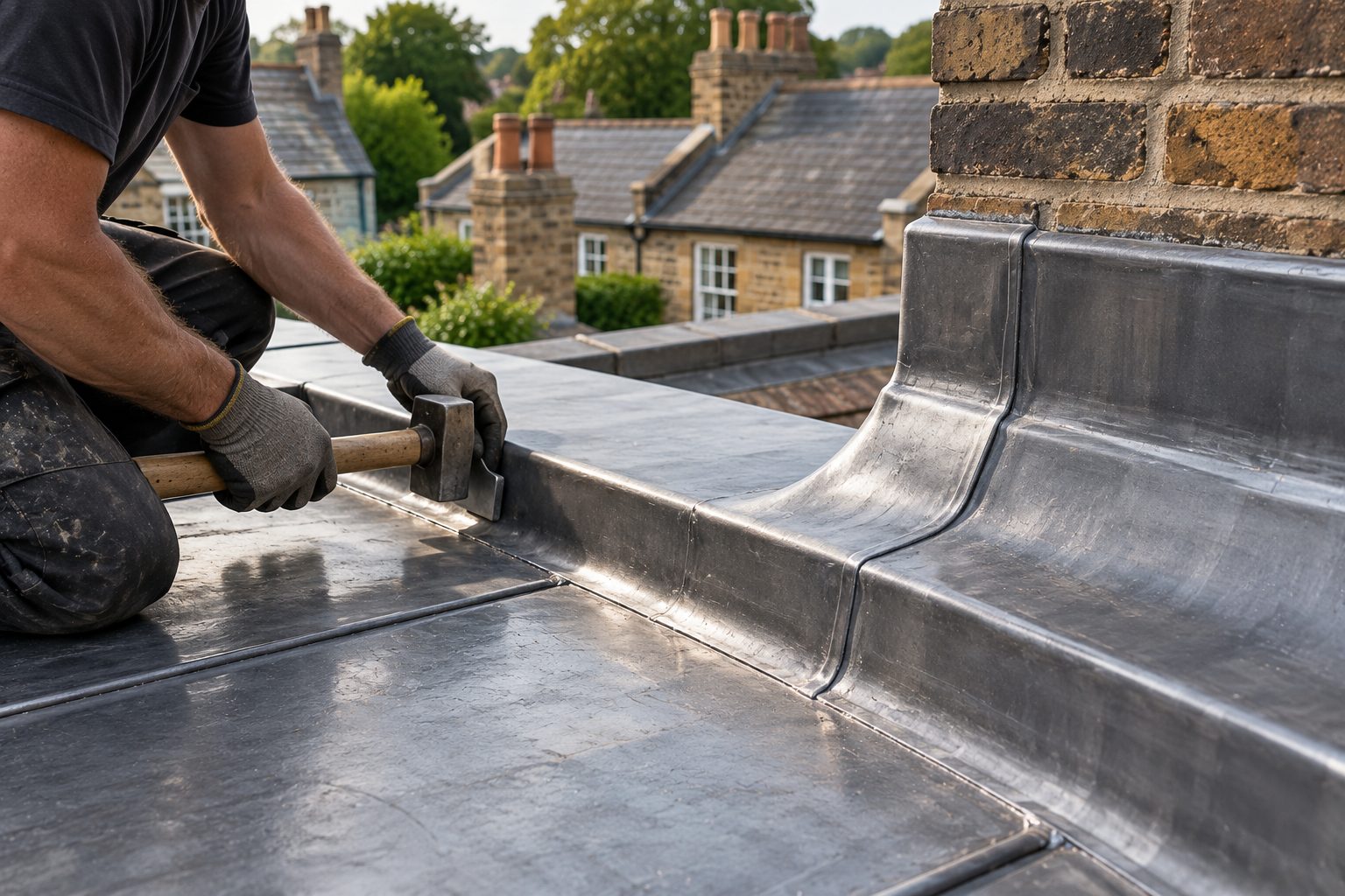 Roofer dressing lead flashing with a mallet