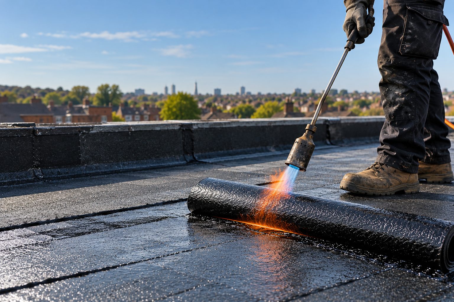 Roofer using a torch to lay bitumen felt on a flat roof